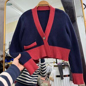 Navy Red Colorblock Ribbed Knit Cardigan Sweater